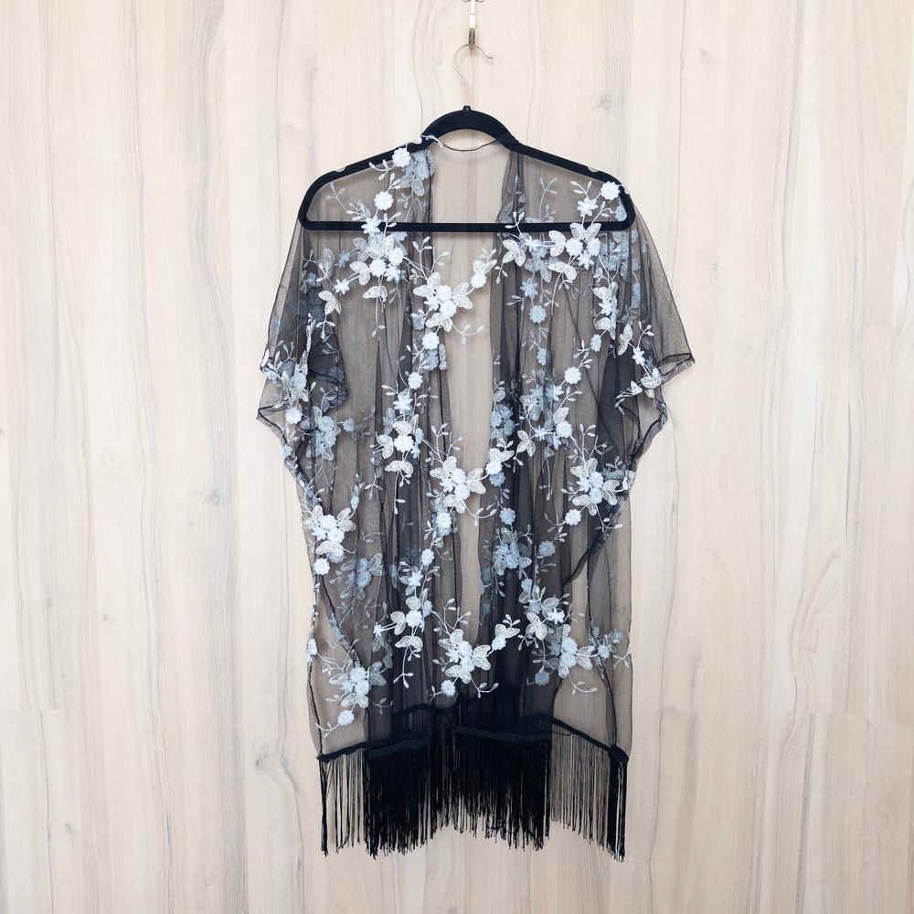 Women Embroidered Sheer Kimono Duster OS Black Floral Mesh Fringe Boho Festival - Picture 5 of 7